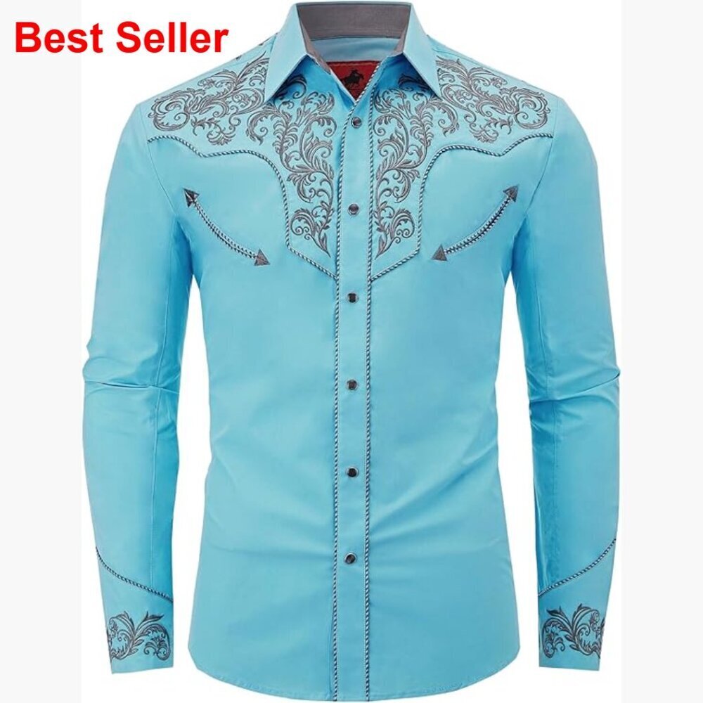 Men's Western Cowboy Shirt Embroidered Snap Button Down Long Sleeve